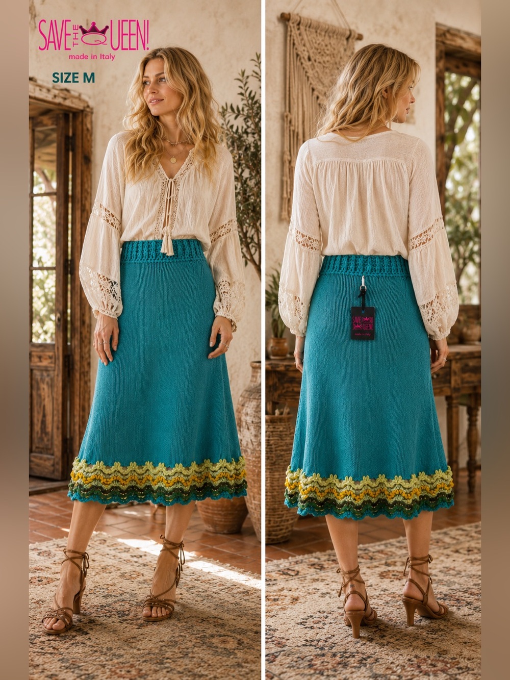 Save the queen NEW women knit med midi skirt alpaca blend teal yellow green boho